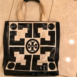 Tory Burch navy blue and white tote